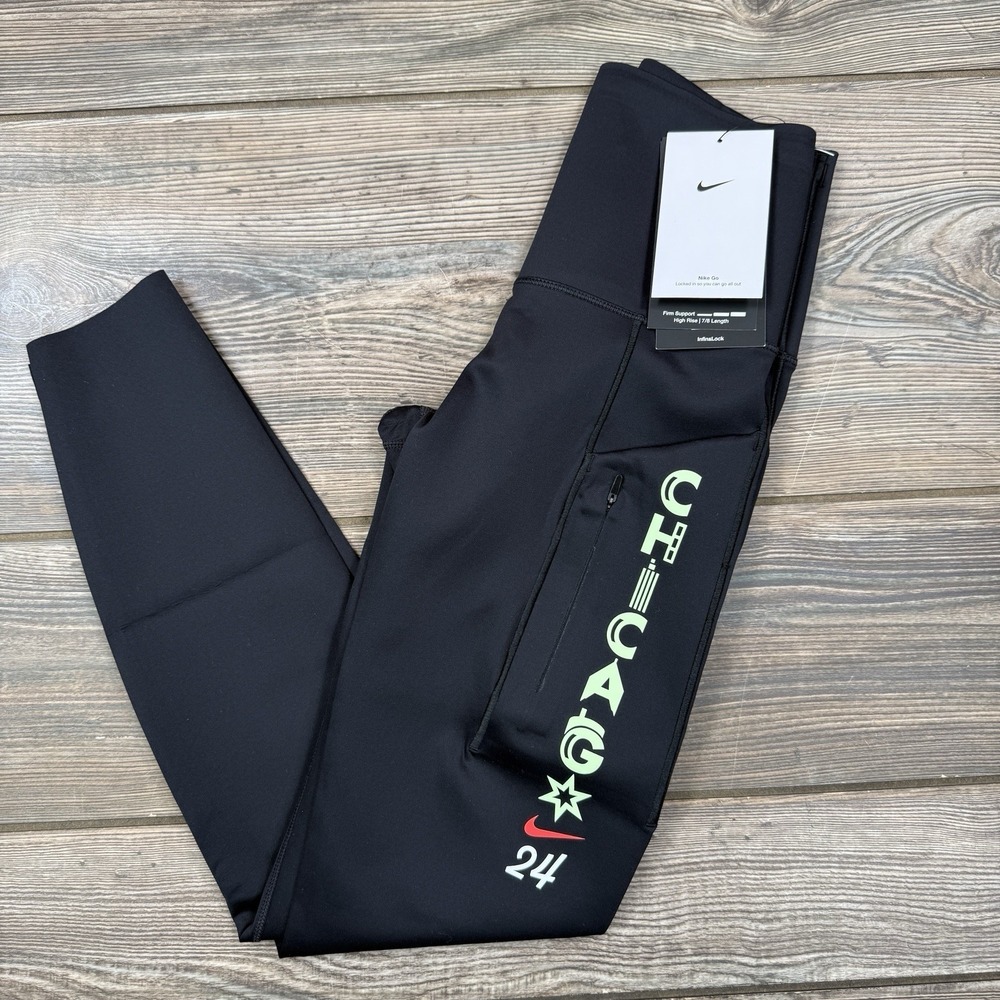 Nike GO‎ Women Chicago Marathon 2024 7/8 Leggings Pockets FV6189 010 Size XS NEW